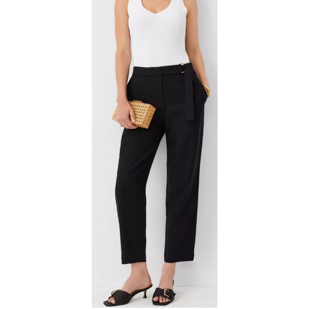 Ann Taylor The Petite Belted Ankle Linen Blend Black Pants, Size 4P - Picture 1 of 15